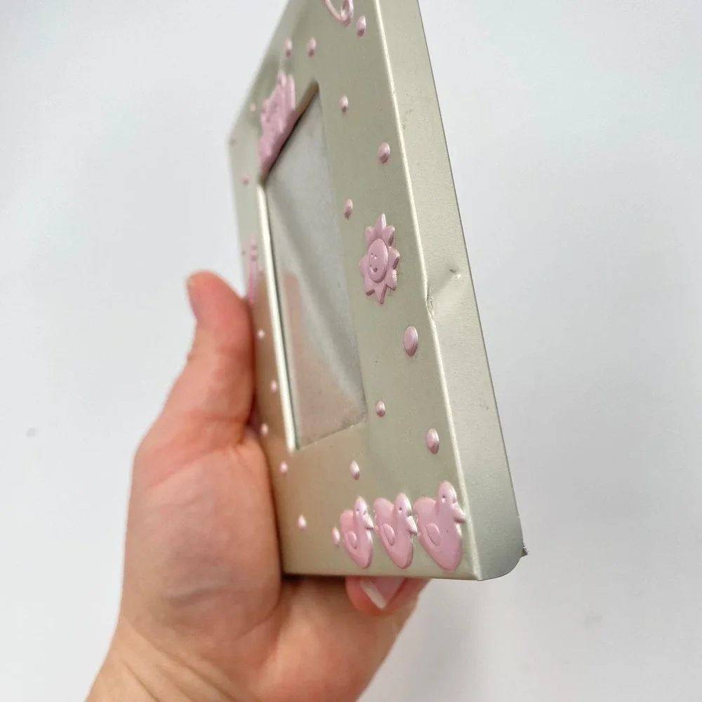 Baby Photo Frame Pink Teddy Bear Chicks Safety Pin Metal Design Tabletop Display